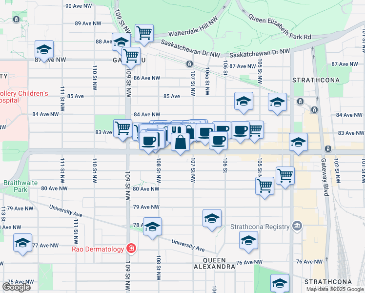 map of restaurants, bars, coffee shops, grocery stores, and more near 10742 82 Avenue Northwest in Edmonton