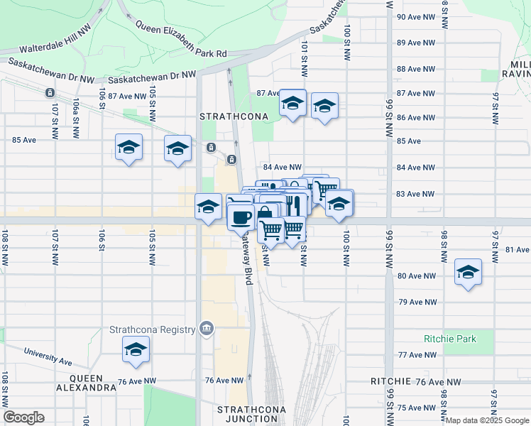 map of restaurants, bars, coffee shops, grocery stores, and more near 8135 102 Street Northwest in Edmonton