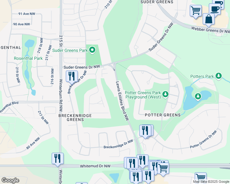 map of restaurants, bars, coffee shops, grocery stores, and more near 260 Lewis Estates Boulevard Northwest in Edmonton
