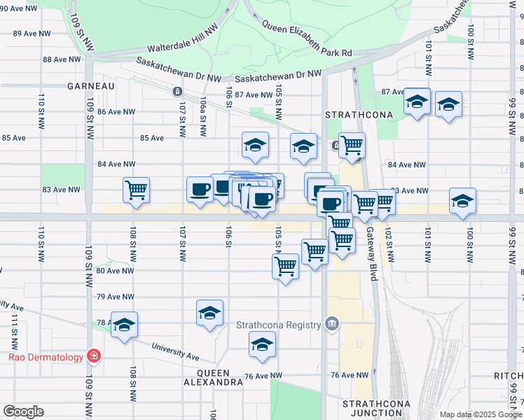 map of restaurants, bars, coffee shops, grocery stores, and more near in Edmonton