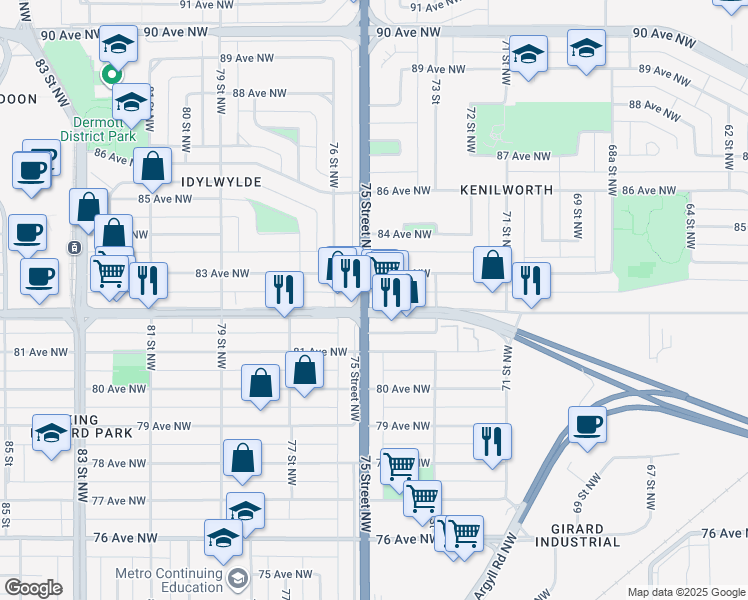 map of restaurants, bars, coffee shops, grocery stores, and more near 7419 82 Avenue Northwest in Edmonton