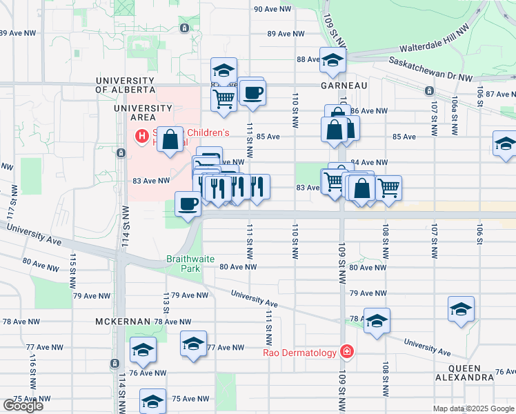 map of restaurants, bars, coffee shops, grocery stores, and more near 11044 82 Avenue Northwest in Edmonton