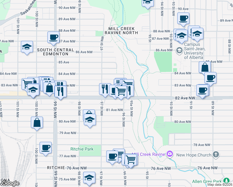 map of restaurants, bars, coffee shops, grocery stores, and more near 9630 82 Avenue Northwest in Edmonton
