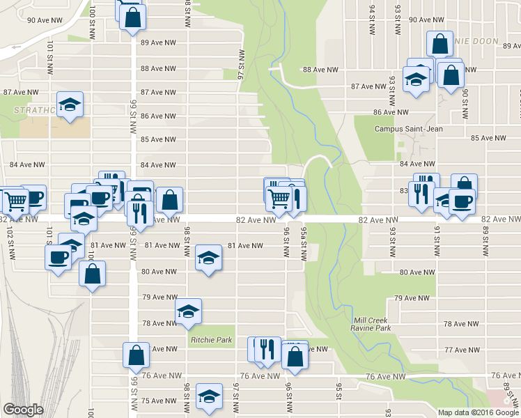 map of restaurants, bars, coffee shops, grocery stores, and more near 9630 82 Avenue Northwest in Edmonton