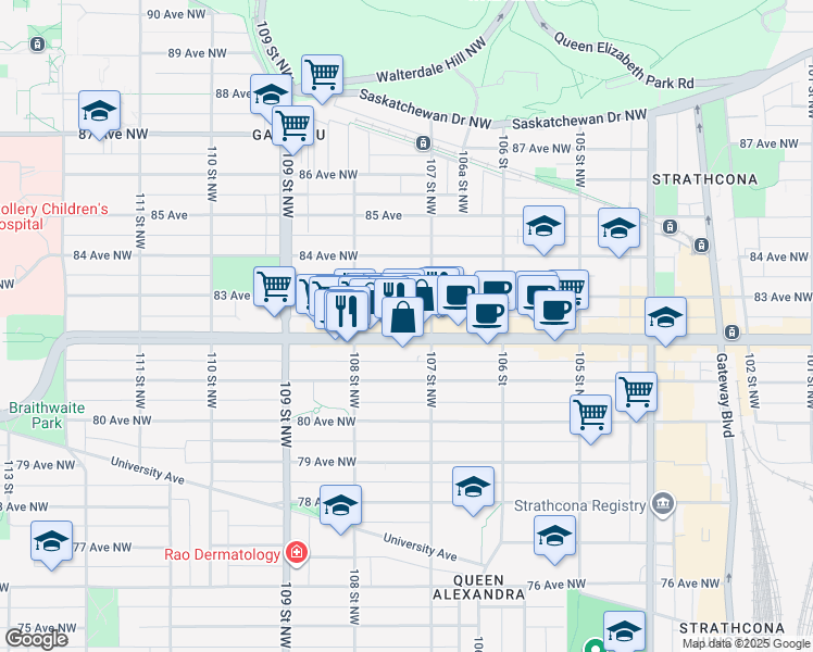 map of restaurants, bars, coffee shops, grocery stores, and more near 10742 82 Avenue Northwest in Edmonton