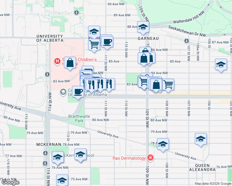 map of restaurants, bars, coffee shops, grocery stores, and more near 11044 82 Avenue Northwest in Edmonton