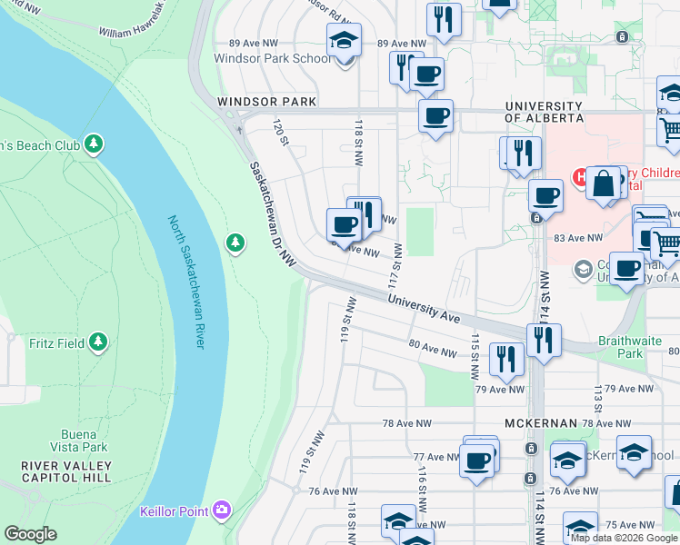 map of restaurants, bars, coffee shops, grocery stores, and more near 11732 University Avenue in Edmonton