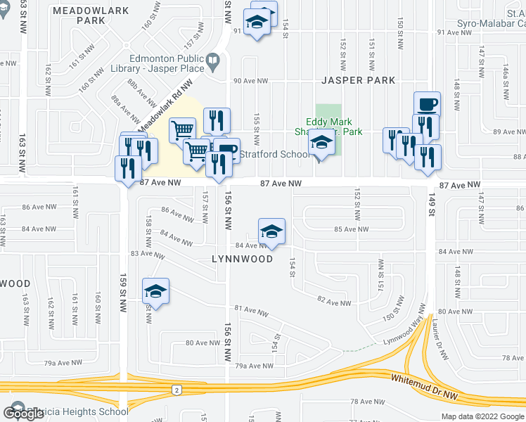 map of restaurants, bars, coffee shops, grocery stores, and more near in Edmonton