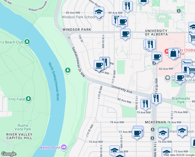 map of restaurants, bars, coffee shops, grocery stores, and more near 11732 University Avenue in Edmonton