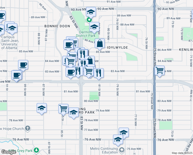 map of restaurants, bars, coffee shops, grocery stores, and more near 8104 82 Avenue Northwest in Edmonton