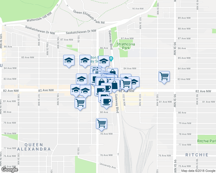 map of restaurants, bars, coffee shops, grocery stores, and more near 10326 82 Avenue Northwest in Edmonton