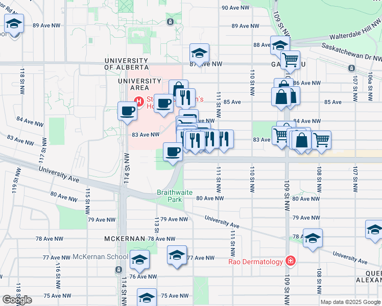 map of restaurants, bars, coffee shops, grocery stores, and more near 8215 112 Street Northwest in Edmonton