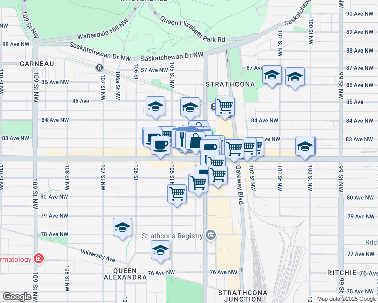 map of restaurants, bars, coffee shops, grocery stores, and more near 10438a 82 Avenue Northwest in Edmonton