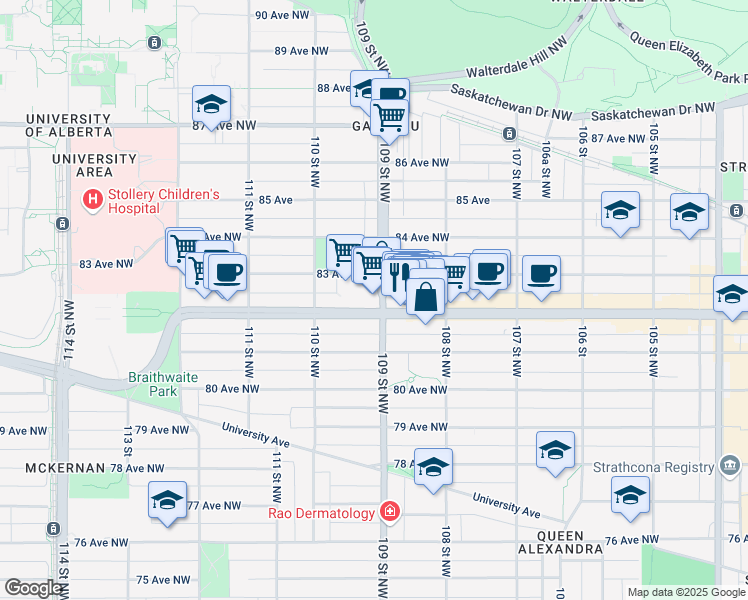 map of restaurants, bars, coffee shops, grocery stores, and more near 8204 109 Street Northwest in Edmonton