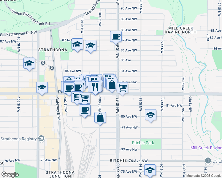 map of restaurants, bars, coffee shops, grocery stores, and more near 9930 82 Avenue Northwest in Edmonton