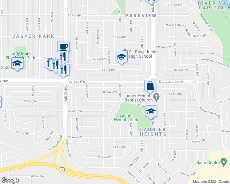map of restaurants, bars, coffee shops, grocery stores, and more near 14508 86 Avenue Northwest in Edmonton