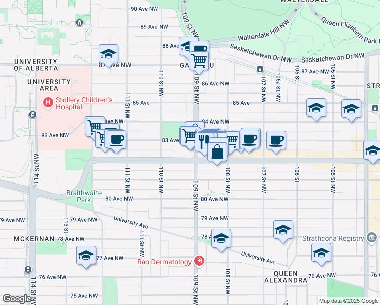 map of restaurants, bars, coffee shops, grocery stores, and more near 8204 109 Street Northwest in Edmonton