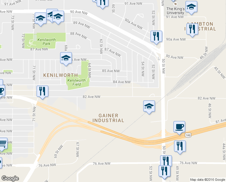 map of restaurants, bars, coffee shops, grocery stores, and more near 5916 82 Avenue Northwest in Edmonton