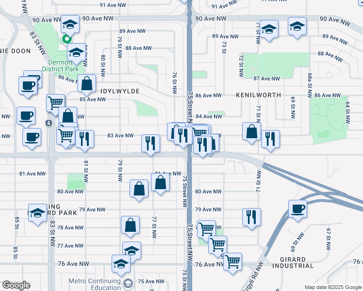 map of restaurants, bars, coffee shops, grocery stores, and more near 7500 82 Avenue Northwest in Edmonton