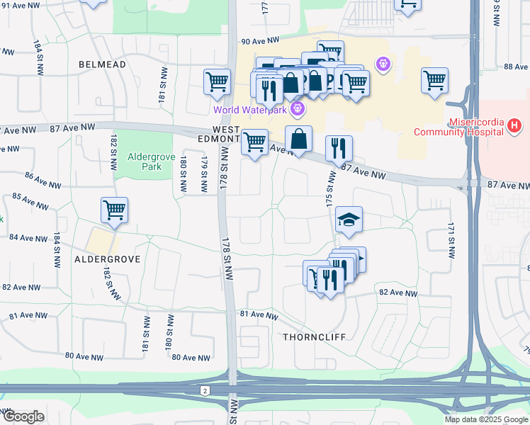 map of restaurants, bars, coffee shops, grocery stores, and more near 8431 177 Street Northwest in Edmonton