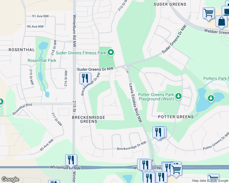 map of restaurants, bars, coffee shops, grocery stores, and more near 2115 Brennan Crescent Northwest in Edmonton
