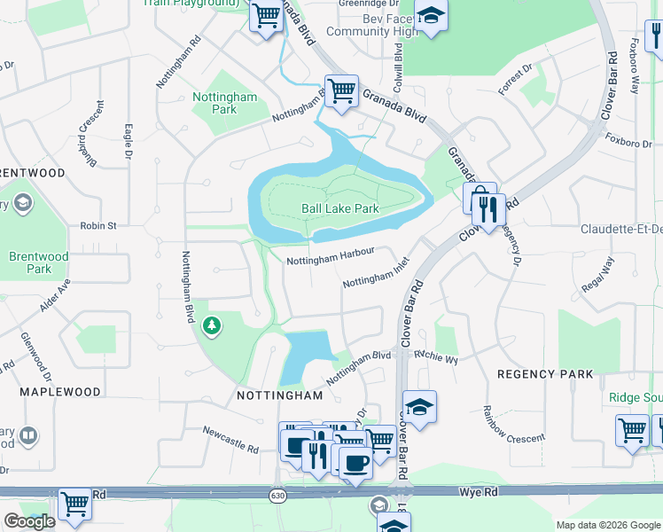 map of restaurants, bars, coffee shops, grocery stores, and more near 77 Nottingham Harbour in Sherwood Park