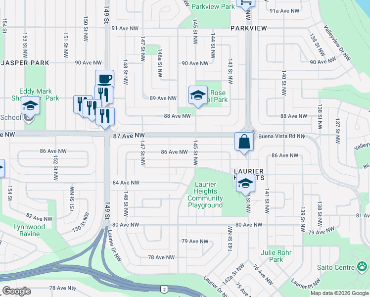 map of restaurants, bars, coffee shops, grocery stores, and more near 14508 86 Avenue Northwest in Edmonton