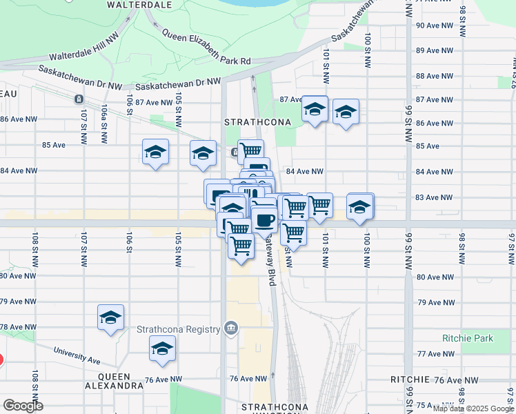 map of restaurants, bars, coffee shops, grocery stores, and more near 10310 83 Avenue Northwest in Edmonton