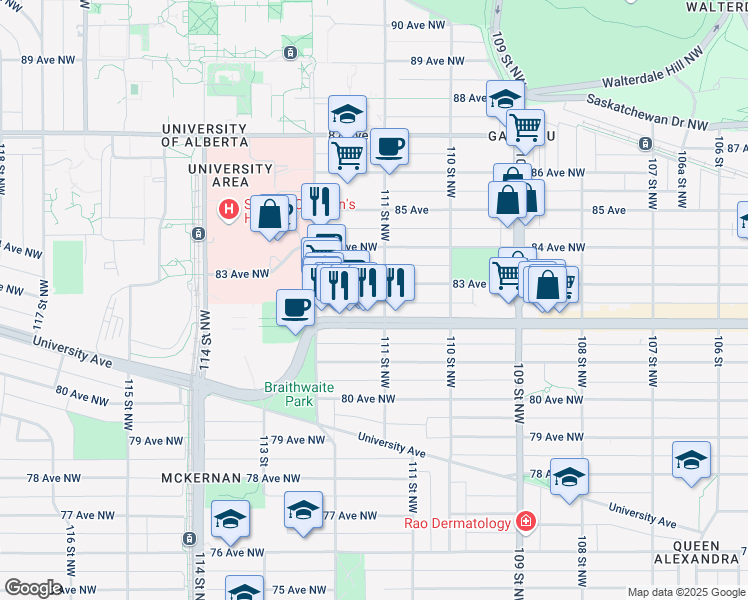 map of restaurants, bars, coffee shops, grocery stores, and more near in Edmonton