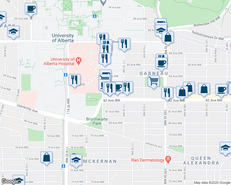 map of restaurants, bars, coffee shops, grocery stores, and more near 11115 83 Avenue Northwest in Edmonton