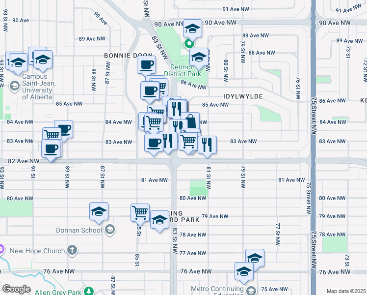 map of restaurants, bars, coffee shops, grocery stores, and more near 8215 83 Avenue Northwest in Edmonton
