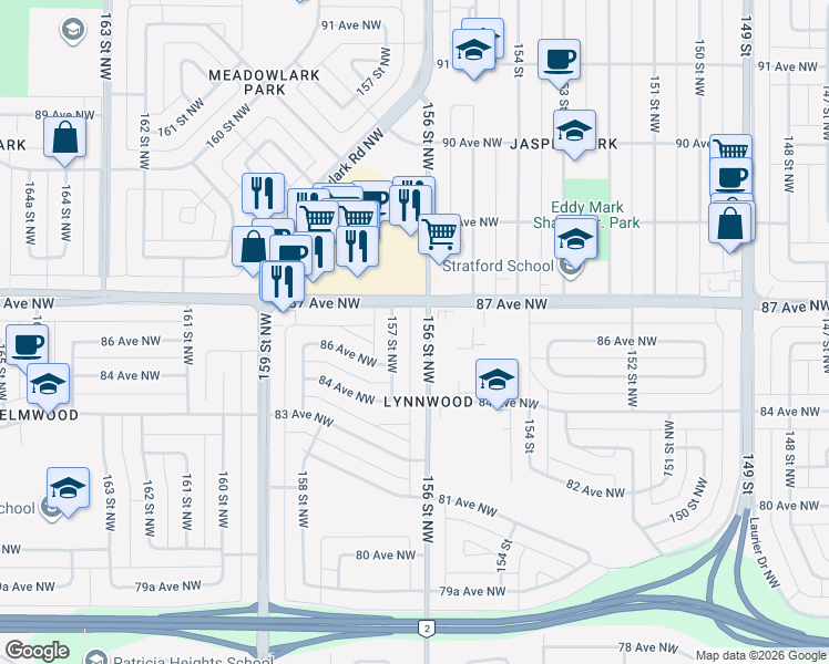 map of restaurants, bars, coffee shops, grocery stores, and more near 15503 87 Avenue Northwest in Edmonton
