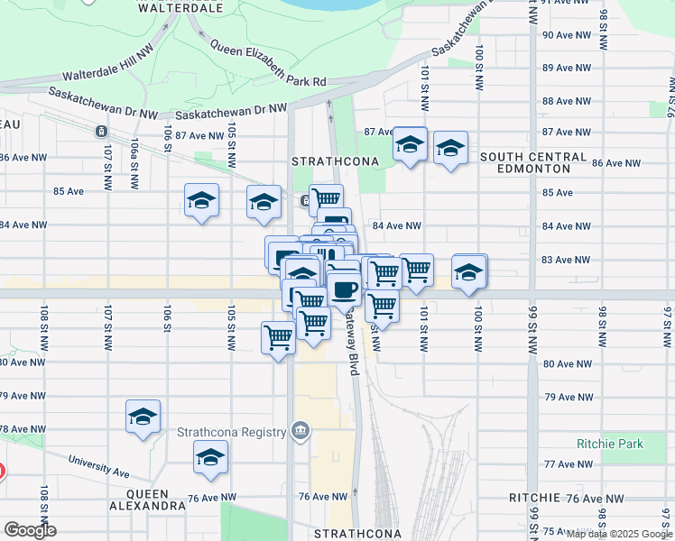 map of restaurants, bars, coffee shops, grocery stores, and more near 10326 82 Avenue Northwest in Edmonton