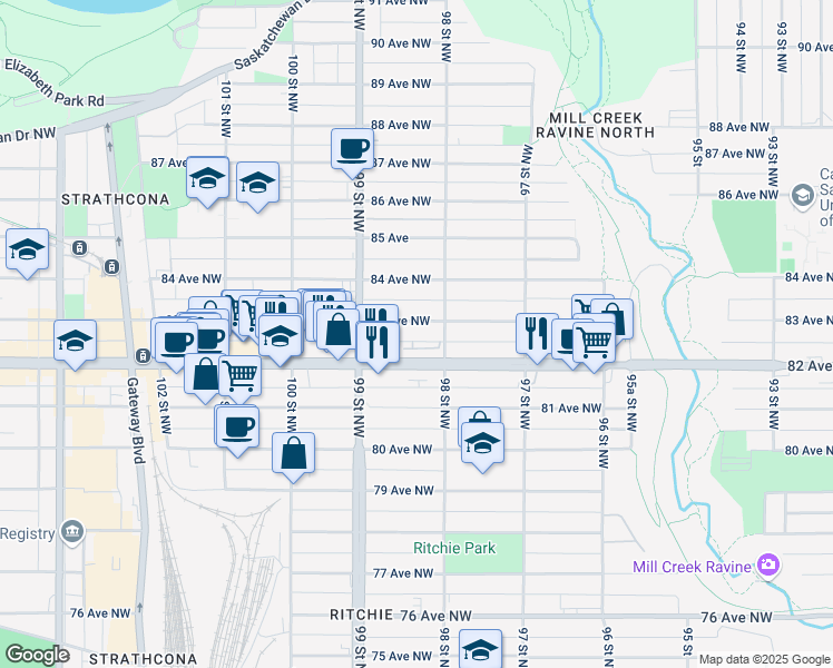 map of restaurants, bars, coffee shops, grocery stores, and more near 9821 83 Avenue Northwest in Edmonton