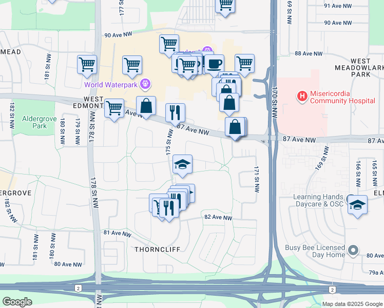 map of restaurants, bars, coffee shops, grocery stores, and more near 17328 85 Avenue Northwest in Edmonton
