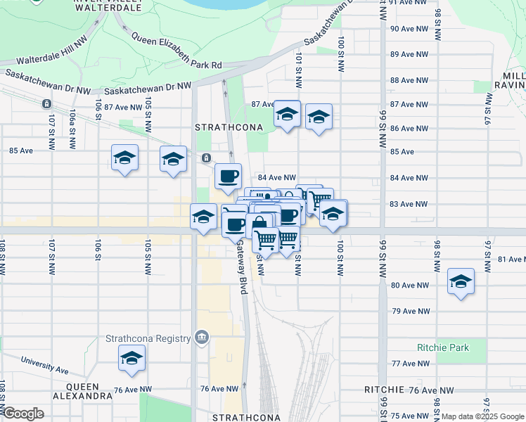 map of restaurants, bars, coffee shops, grocery stores, and more near 8135 102 Street Northwest in Edmonton