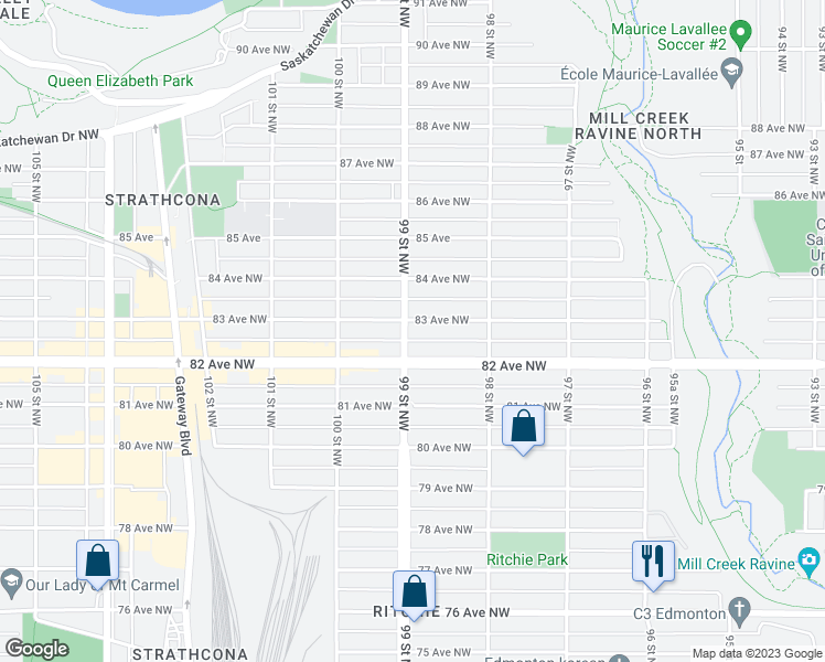 map of restaurants, bars, coffee shops, grocery stores, and more near 9884 82 Avenue Northwest in Edmonton