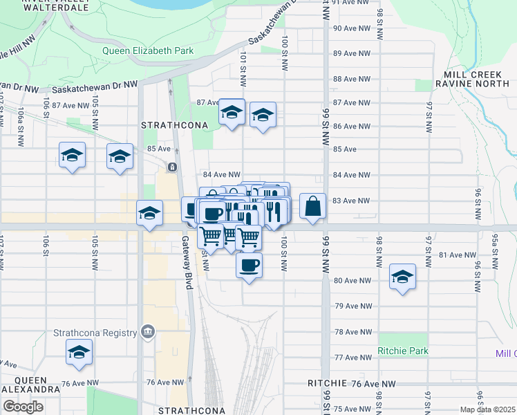 map of restaurants, bars, coffee shops, grocery stores, and more near in Edmonton