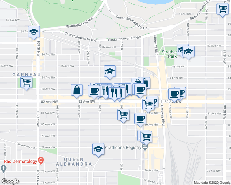 map of restaurants, bars, coffee shops, grocery stores, and more near in Edmonton