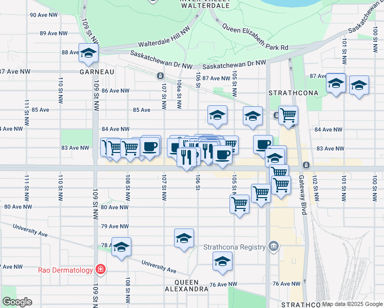 map of restaurants, bars, coffee shops, grocery stores, and more near in Edmonton