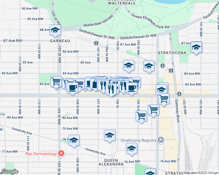 map of restaurants, bars, coffee shops, grocery stores, and more near 10636 82 Avenue Northwest in Edmonton