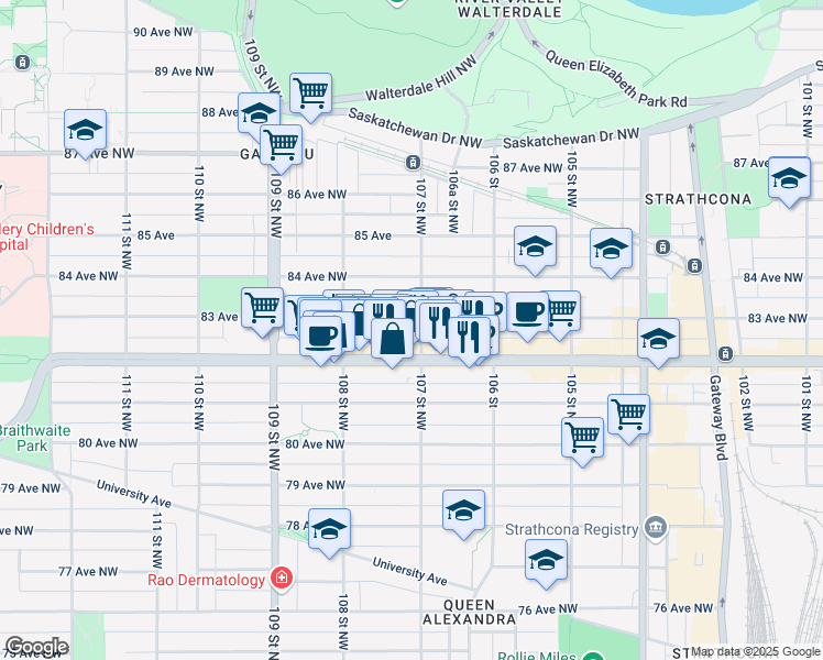 map of restaurants, bars, coffee shops, grocery stores, and more near 10666 82 Avenue Northwest in Edmonton