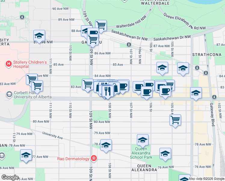 map of restaurants, bars, coffee shops, grocery stores, and more near 10764 82 Avenue Northwest in Edmonton