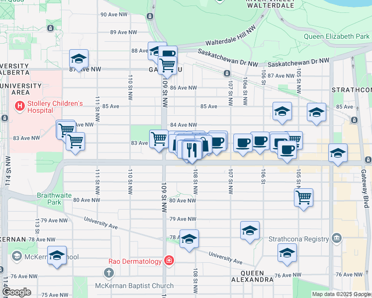 map of restaurants, bars, coffee shops, grocery stores, and more near 10764 82 Avenue Northwest in Edmonton