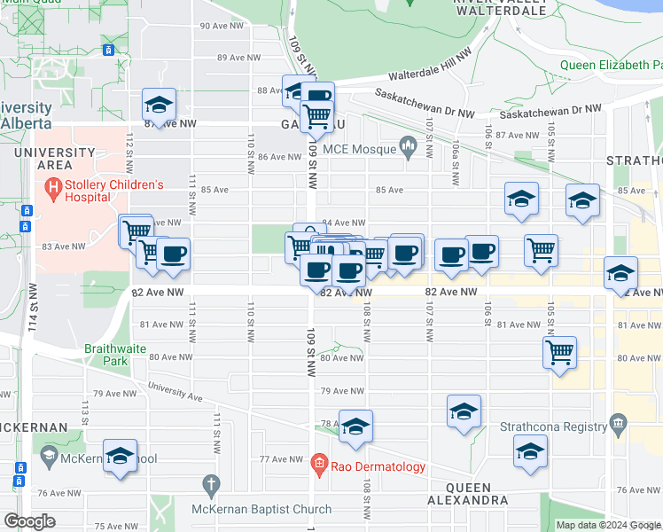 map of restaurants, bars, coffee shops, grocery stores, and more near in Edmonton