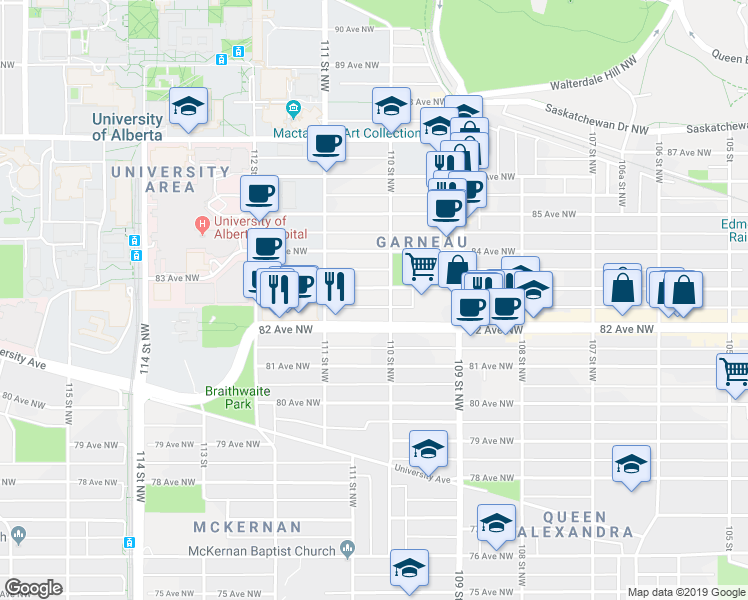 map of restaurants, bars, coffee shops, grocery stores, and more near 11012 82 Avenue Northwest in Edmonton
