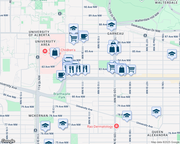 map of restaurants, bars, coffee shops, grocery stores, and more near 11044 82 Avenue Northwest in Edmonton