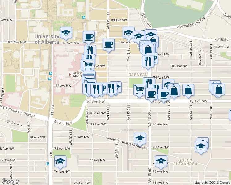map of restaurants, bars, coffee shops, grocery stores, and more near 11044 82 Avenue Northwest in Edmonton