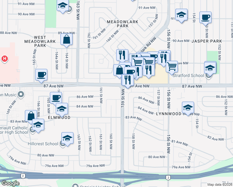 map of restaurants, bars, coffee shops, grocery stores, and more near 8320 159 Street Northwest in Edmonton