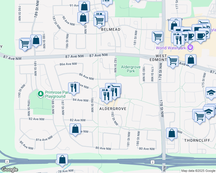 map of restaurants, bars, coffee shops, grocery stores, and more near 8510 182 Street Northwest in Edmonton